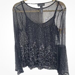 INCHoliday Party NYE Black Sequins Lace Top Shirt Petite PL Bling New!